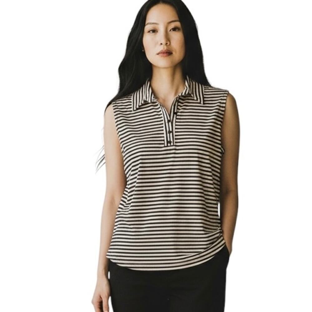 Diana Belle Womens Sleeveless Top L Black & Tan Striped 1/4 Button Collared Tank - Picture 1 of 7